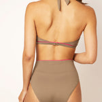 Ikonō La Versatile bikini swimsuit in Tierra with high-waist bottom. Designed for comfort and support, made from eco-friendly materials. Perfect for all body types, including post-surgery swimwear needs. A stylish and inclusive swimwear choice. #BeWhatMovesYou