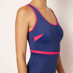 Ikonō La Nageuse one-piece swimwear in blue. Crafted for comfort and support, this eco-friendly swimsuit features a sculpting design with a soft lining and adjustable straps. Ideal for all body types, including post-surgery and mastectomy needs with secret pocket for potential prothesis or not. A chic, inclusive swimwear choice. #BeWhatMovesYou