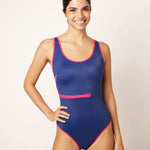 Ikonō La Nageuse one-piece swimwear in blue. Crafted for comfort and support, this eco-friendly swimsuit features a sculpting design with a soft lining and adjustable straps. Ideal for all body types, including post-surgery and mastectomy needs with secret pocket for potential prothesis or not. A chic, inclusive swimwear choice. #BeWhatMovesYou