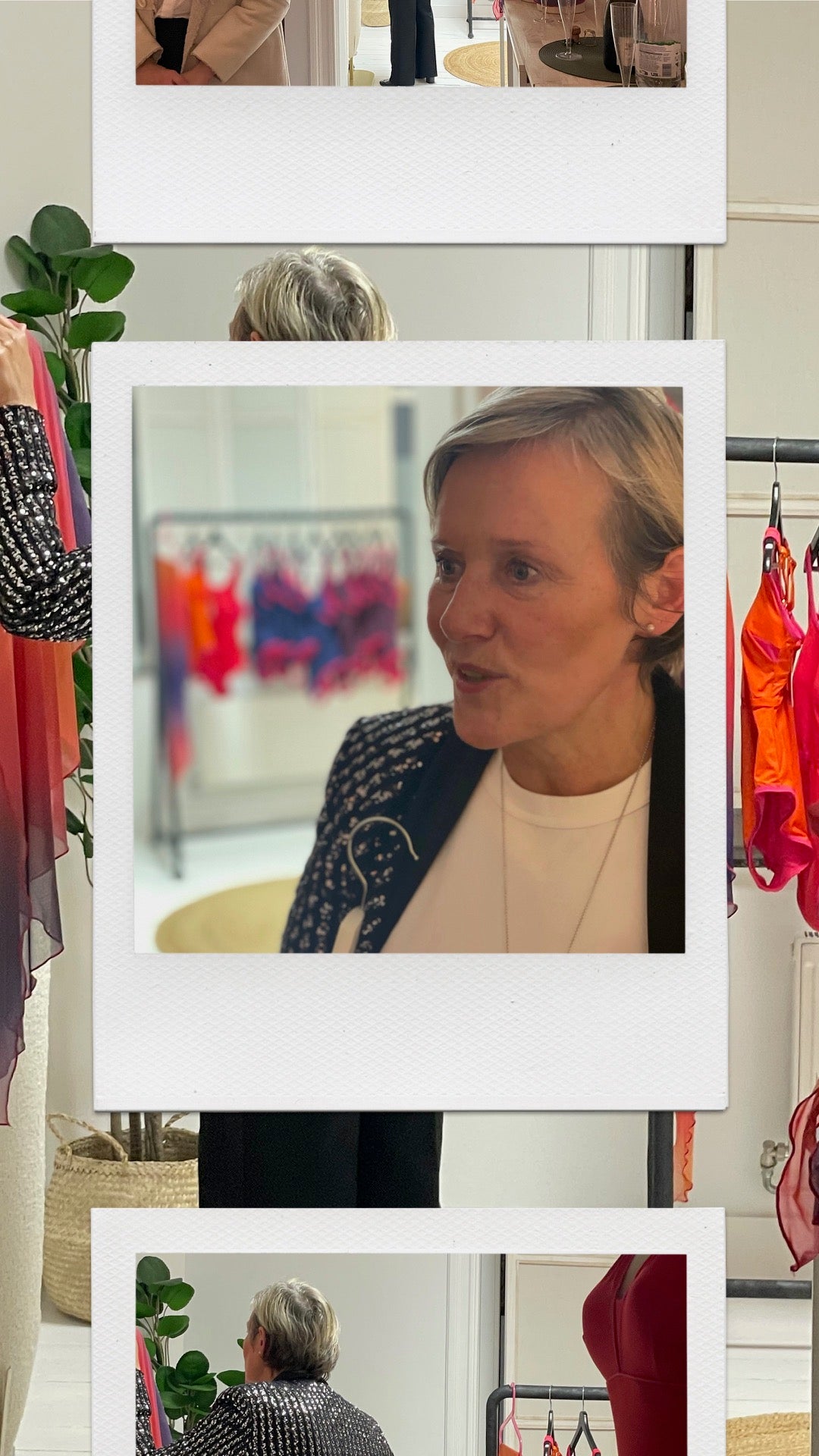 Claire, the founder of Ikonō, at a showroom event, showcasing the brand’s inclusive and elegant swimwear collection, including post-mastectomy swimwear. Ikonō celebrates women's body transformations with sustainable, stylish, and functional designs.
