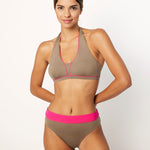 Ikonō La Versatile bikini swimsuit in Tierra with high-waist bottom. Designed for comfort and support, made from eco-friendly materials. Perfect for all body types, including post-surgery swimwear needs. A stylish and inclusive swimwear choice. #BeWhatMovesYou